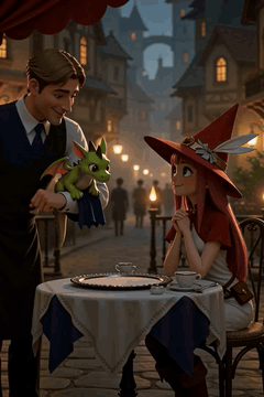AI generated video: <Subject 1> are the waiter, girl and tiny dragon in <Picture 1> Make a…