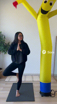 AI generated video: A inflatable tube man trying to do yoga beside @vvvang a human, arms flopping…