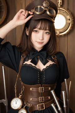 AI generated video: An elegant steampunk girl slowly rotates her head to the left, maintaining a…