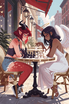 Видео, сгенерированное нейросетью: Upbeat cafe accordion music. The demon girl and the angel girl stare at the…