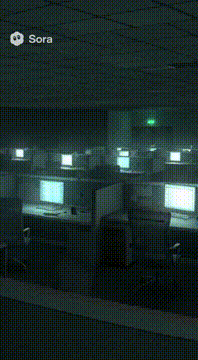 AI generated video: Vacant office cubicles lit by pale computer glow, buzzing monitors, chairs…