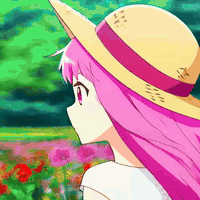 AI generated video: A gentle breeze sways vibrant flowers. The wind blows off a pink-haired girl's…