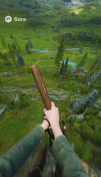 AI generated video: POV view. A witch on the ground looks down at the broom she’s holding. Then she…