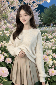 AI generated video: A young woman is standing in a flower garden and smiling,, The cherry blossom…