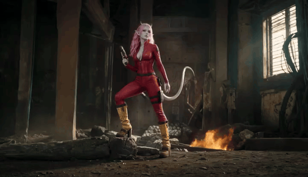 AI generated video: a sexy confident female alien looking around in ruins with a burning fire on…