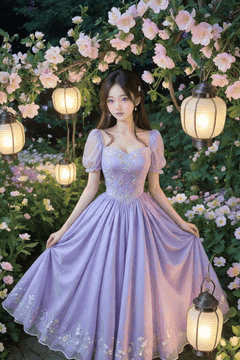 AI生成视频：A young woman wearing a purple dress lifts the hem of the dress slightly, The…