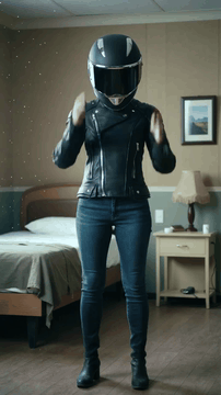 AI generated video: A mysterious biker woman in biker clothing with closed helmet hiding up all of…