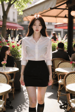 AI generated video: A young woman walks forward in an outdoor cafe,, hair blows in the wind, people…