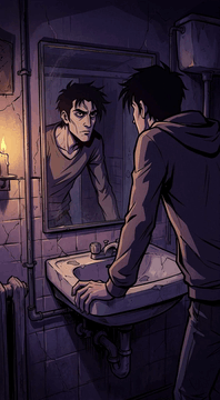 AI generated video: A tall man in a dark room stands directly in front of a bathroom mirror…