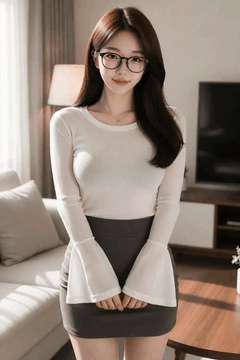 AI generated video: A young woman wearing glasses stands smiling, her long hair swaying slightly…