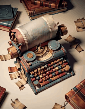 AI generated video: BooksWorld, a vintage typewriter assembled from grey and rust book covers, keys…