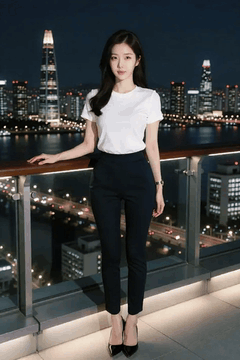 AI generated video: A woman is standing with her hands on a balcony railing, At night, the city…