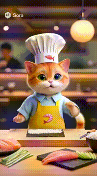 AI generated video: 猫が歌い踊りながら寿司を作るミュージカル