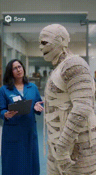 Видео, сгенерированное нейросетью: Mummy went to the museum to try to have his wrappings restored and was told…