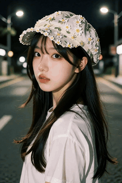 AI generated video: A young woman stands on the street at night and turns her head to look at the…