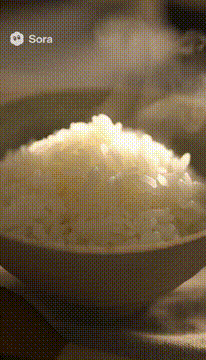 AI generated video: Cinematic macro food film of freshly cooked Japanese rice in a ceramic bowl…