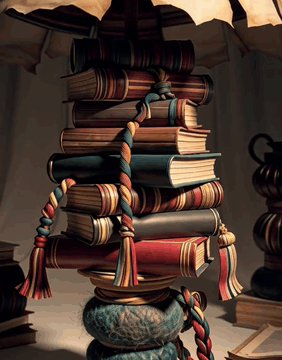 AI generated video: BooksWorld, an oversized floor lamp whose shade is a cone of yellowed…