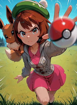 AI generated video: female protagonist from Pokémon sword and shield, throwing a pokeball at the…