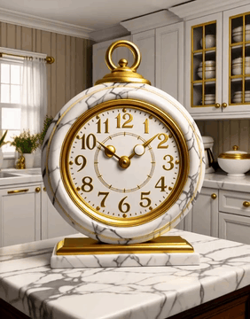 AI generated video: MarbleGoldWorld clock in a kitchen