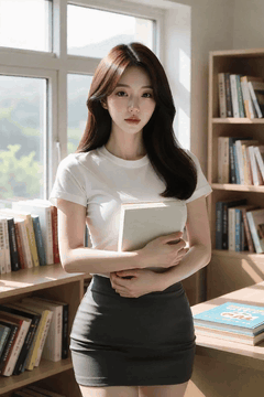 AI generated video: A woman is standing in a library holding a book and, her long hair is swaying…
