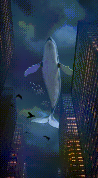AI generated video: “A surreal scene of a gigantic whale swimming through the sky with no water. A…