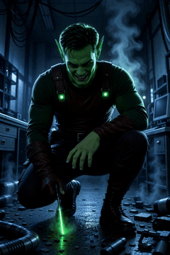 Видео, сгенерированное нейросетью: Green Goblin crouched in a ruined lab, mask off, eyes filled with madness and…