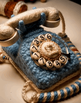 AI generated video: WoolWorld, a classic rotary telephone in dusty blue bouclé, coiled cord of…