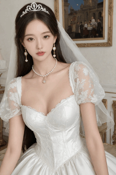 AI generated video: The bride in a wedding dress is sitting quietly, The veil flutters in the…