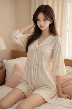 AI generated video: A young woman is sitting on a bed and touching her hair, the window curtains…