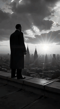 AI generated video: integrated_multimodal_description: [0s-2s] Black-and-white noir with a gold…