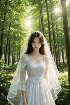 AI generated video: A woman in a wedding dress walks slowly through the woods, The veil is…