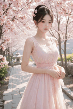 AI generated video: A woman in a pink dress is standing on the cherry blossom path, Cherry blossom…