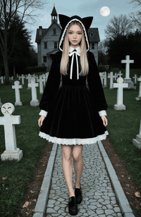 AI generated video: A young woman in a black dress slowly and deliberately walks through a…