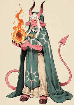 AI generated video: Demon girl, standing, fire spell, tail, static camera