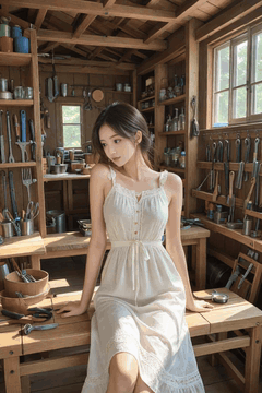 AI生成视频：A woman is sitting at a wooden table in a woodworking studio and turning her…