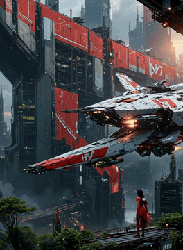 AI generated video: z1os, A massive, angular spacecraft dominates the scene as it glides low…
