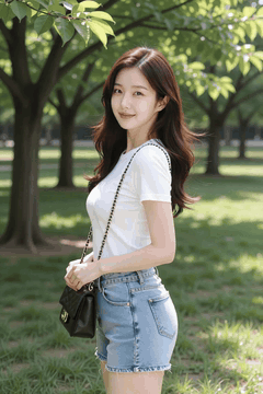 AI generated video: A young woman stands in the park and smiles,, her long hair is blowing in the…