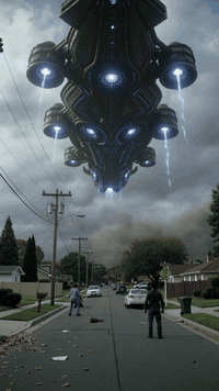 AI generated video: A gigantic alien battleship is descending over a suburban American…