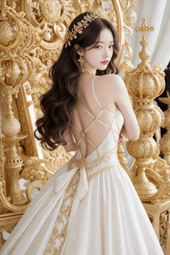 AI generated video: A woman standing in front of a chair in the Golden Palace turned her body…