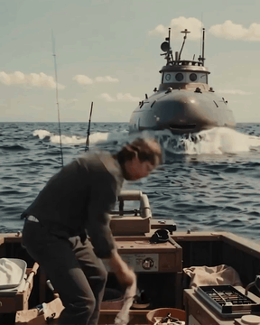 Видео, сгенерированное нейросетью: A suspenseful cinematic medium shot of a weary man throwing chum into the ocean…