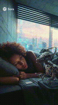 AI生成视频：**Morning in Megacity Delta, 2042** Anika wakes to the *click-grind* of her…