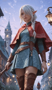 AI generated video: 1girl, looking away, staff, asymmetrical outfit, organic pattern, thigh boots…