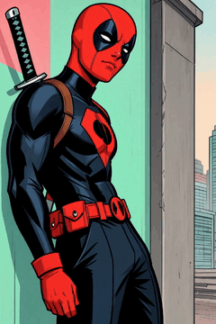 AI generated video: Deadpool leaning casually against a graffitied wall, dual katanas on his back…