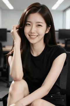 AI generated video: A young woman sitting in the office touches her head and smiles, Her long hair…