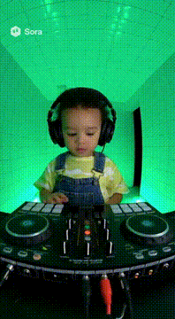 AI generated video: A three-year-old child is playing at the DJ console. Cheerful children's music…