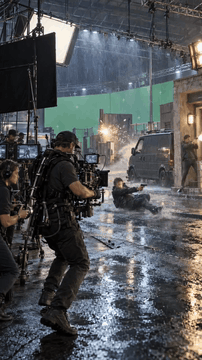 AI generated video: btssetstyle, film set, completely locked-off static camera shot. In the first…