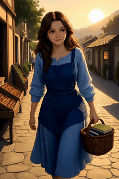 AI generated video: Belle walking through a village morning market, blue dress and apron, holding a…