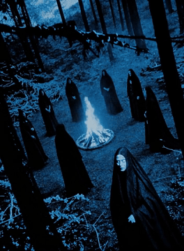 Видео, сгенерированное нейросетью: pov handheld camera, footage stumbling across a group of witches in a forest…