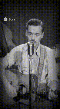 AI generated video: black and white concert footage of a 1945s male folk singer singing a sad song…