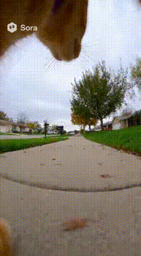 AI generated video: First person camera of a cat walking around the neighborhood. A voice says…